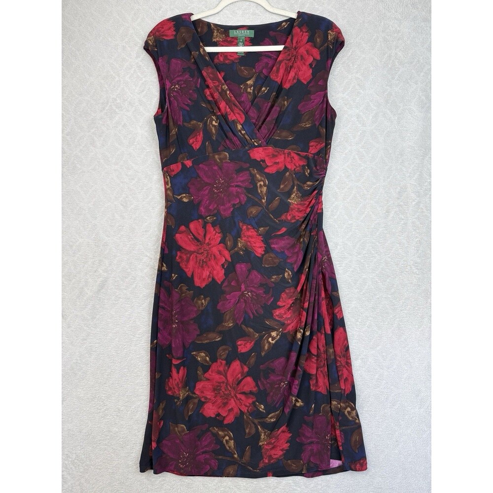 Ralph Lauren Jersey Dress 12 Blue Floral Faux Wrap Ruched Sheath Career Timeless